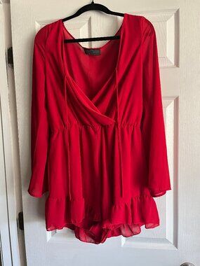 Tinley Red Short Romper sz Large w/ Slight See Through Long Sleeves & Tie Front